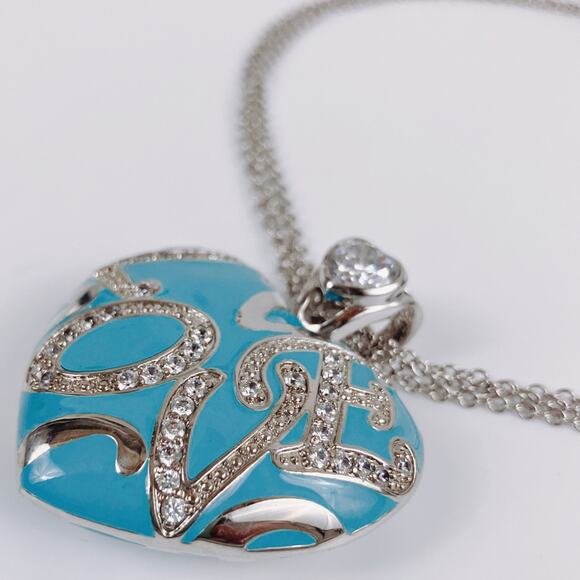 PJM Blue Enamel Heart Love Pendant Necklace CZ/Crystal Rhinestones Reversible - Picture 13 of 13